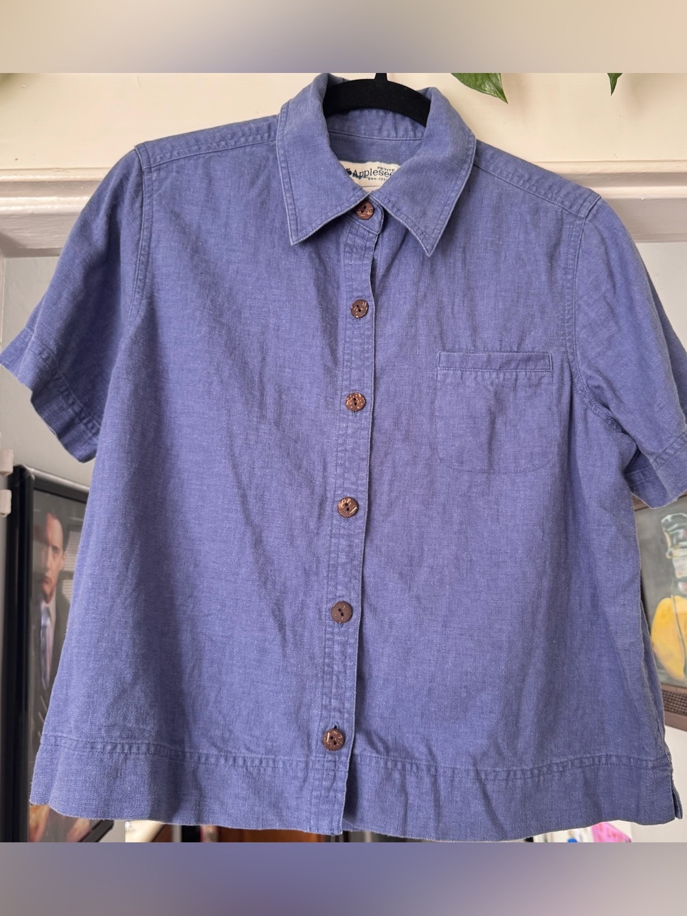 Appleseed’s Blue Short Sleeve Button Front Blouse rayon linen vintage 90s blouse